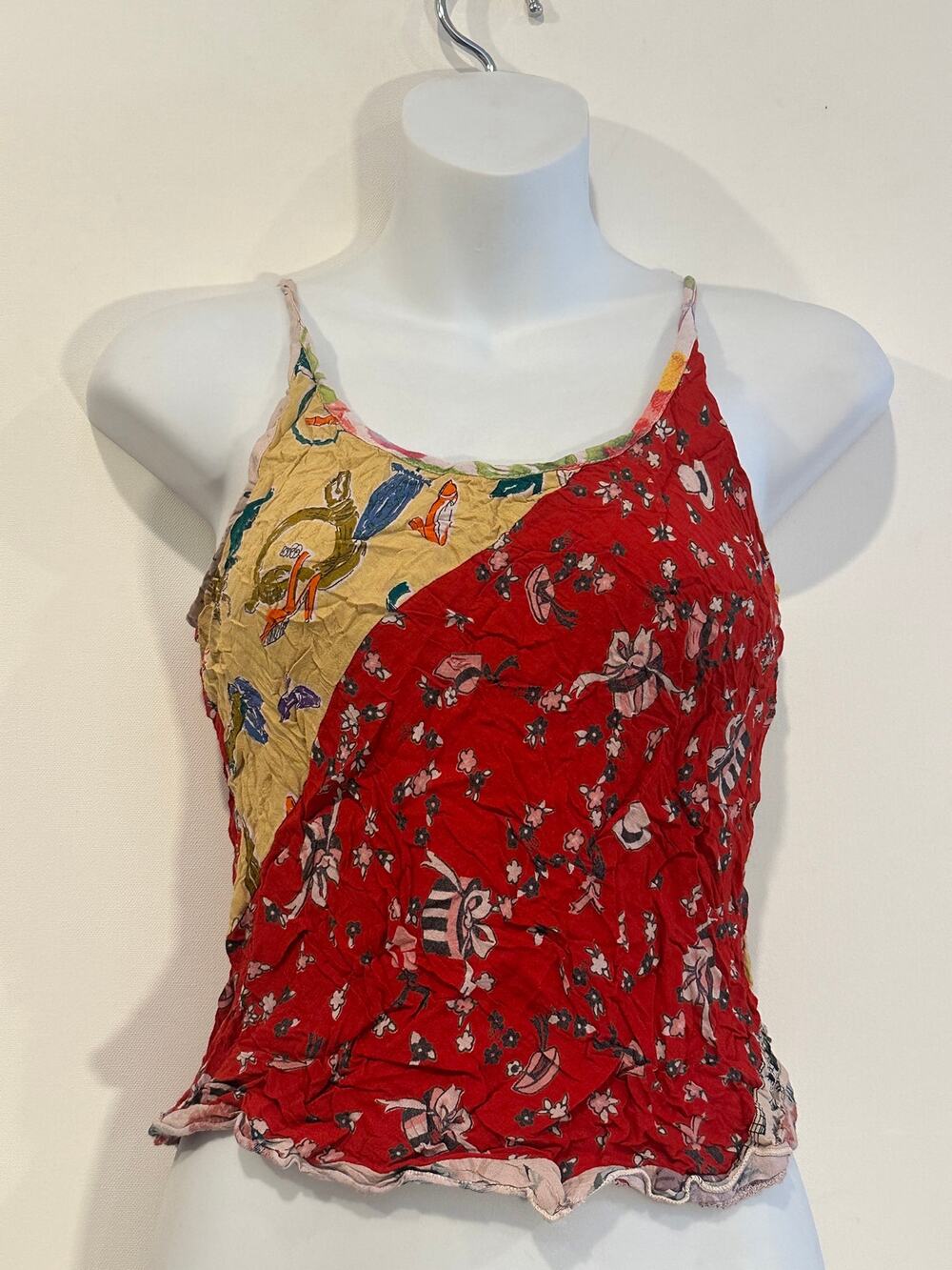 Vintage Y2K Whimsigoth Red Patchwork Crinkle Floral Cami Tank Top S